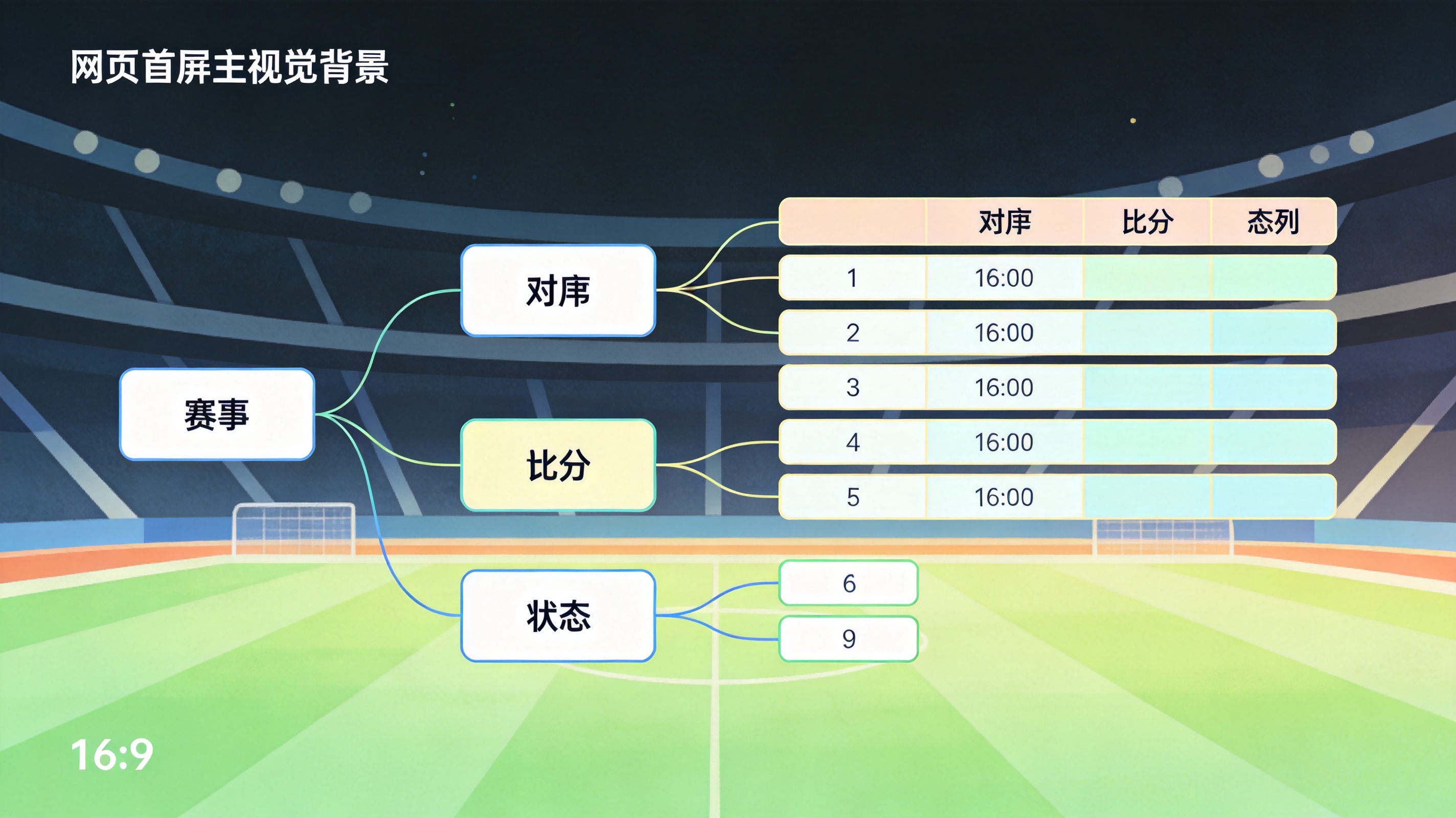 球探足球比分首页比分面板的字段结构示意，包含赛事、对阵、比分与状态列